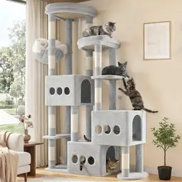Gitelsnour Kratzbaum 182 cm für Mehrkatzenhaushalt, XXL Katzenbaum mit 3 Höhlen, 3 Plattformen, Korb und 10 Kratzsäulen, hellgrau