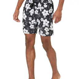 Amazon Essentials Herren Badeshorts Kurz mit Netzfutter, Taschen und Kordelzugverschluss, Schwarz Hibiskusblume, M