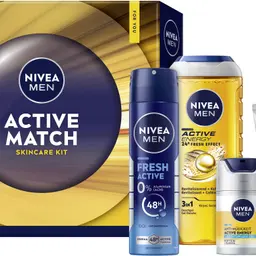 NIVEA MEN Active Match Geschenkset – Geschenkbox mit Duschgel, Deo Spray, Feuchtigkeitspflege & Waschgel