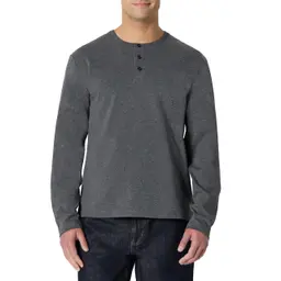 Amazon Essentials Herren Langarm-Henleyshirt aus 100 % Baumwolle, Dunkelgrau Meliert, L