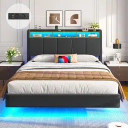 Brinlawb Polsterbett 140x200 cm mit LED-Beleuchtung, Kopfteil, Ladestation (2 Steckdosen, 2 USB), Stauraum, Modernes Doppelbett, Grau