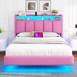 Brinlawb Polsterbett 140x200 cm mit LED-Beleuchtung, Kopfteil, Ladestation ("2 AC-Steckdosen, 2 USB-Ports"), Stauraum, Rosa