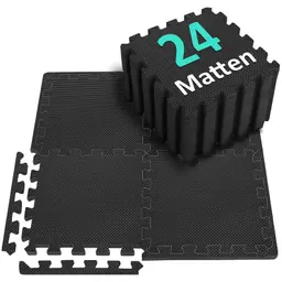 Bodenschutzmatte Fitness Set 31x31cm - 24 Puzzlematte aus EVA, rutschfest, für Fitnessraum, Outdoor & Pool, Schwarz