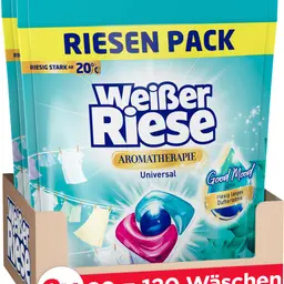 Weißer Riese Universal Trio-Caps Aromatherapie Lotus, 120 Waschladungen, Waschmittel mit Good Mood-Duft, 100% recycelbar