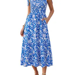 Damen Sommerkleid Ärmellos Spaghettiträger Böhmisch Maxikleid Strandkleid A-Linie Blau Blumen
