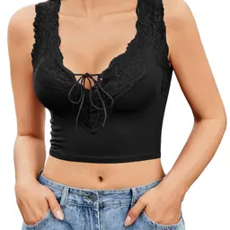 Avidlove Damen Crop Top Ärmellos V-Ausschnitt Stretch Spitze Schwarz S