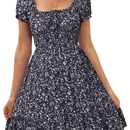 Livonmone Damen Sommerkleid mit Blumendruck, hohem Taillenschnitt, Puffärmeln, Retro-Design, kurz und lässig, Marine, M