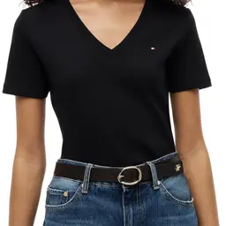 Tommy Hilfiger Damen T-Shirt Kurzarm New Slim Cody mit V-Ausschnitt, Schwarz