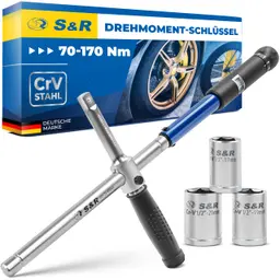 S&R Kreuz Drehmomentschlüssel 70-170 Nm Set 1/2 Zoll mit verstellbarem Griff, 3 Stecknüsse (17mm, 19mm, 21mm), aus CrV-Stahl, im Koffer