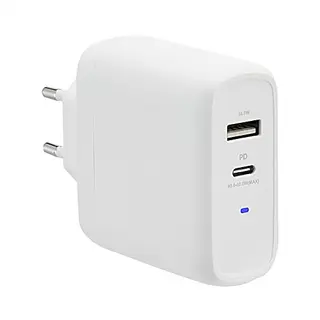 Amazon Basics GaN-Wandladegerät, 63 W, 2 Anschlüsse für Laptops, Tablets und Handys, Weiß