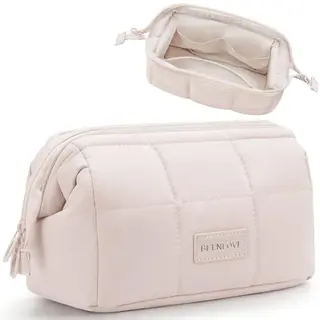 Kosmetiktasche für Frauen, Weit zu öffnende Make-up Tasche, Reise Kosmetiktasche mit Reißverschluss (Beige)