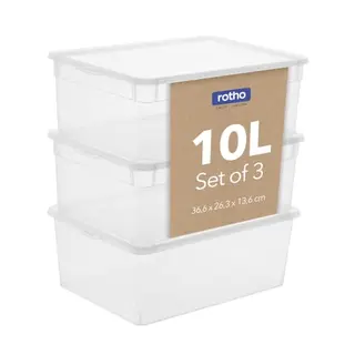 Rotho Clear Aufbewahrungsbox mit Deckel 3 x 10 L, stapelbar, transparent
