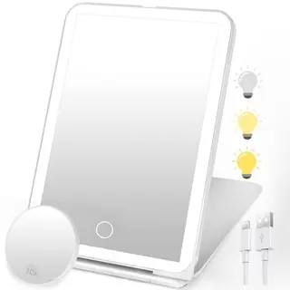 SURFOU Kosmetikspiegel mit Beleuchtung, faltbar, 3 dimmbare Lichter, Touchscreen, 10x Vergrößerung, tragbar, Weiß