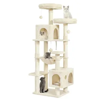 Großer Katzenkratzbaum mit 2 Plattformen, Höhlen, Hängematte und Sisalsäulen, mehrstöckiger Kletterbaum für Katzen (Beige, 160 cm)