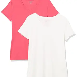 Amazon Essentials Damen T-Shirt 2er-Pack mit kurzen Ärmeln und V-Ausschnitt, Kräftiges Rosa/Weiß, M-L