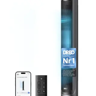 DREO Smart Turmventilator, 90° Oszillation, 5 Stufen, 4 Modi, Touch/Remote/App, Alexa, 12h Timer, Silber