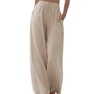 Damen Leinenhose Sommerhose Lockere Palazzo Strandhose mit Taschen, Kamel