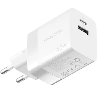 deleyCON 45W USB A und C Schnellladegerät - Kompaktes Netzteil für iPhone, Galaxy, Pixel, iPad und MacBook - Weiß
