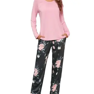 Uniexcosm Damen Schlafanzug Lang Zweiteiler Pyjama Set Baumwolle Loungewear B:Rosa-1 L