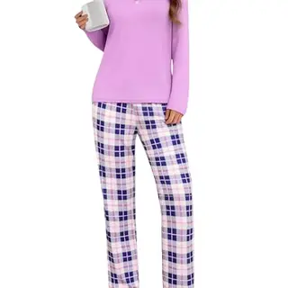 Uniexcosm Damen Schlafanzug Set, Langarm Pyjama aus Baumwolle, V-Ausschnitt, Karierte Hose, Hellviolett, Größe L