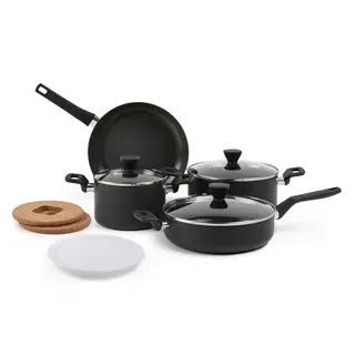 Amazon Basics 10-tlg. Keramik-Antihaft-Kochgeschirr-Set, spülmaschinenfest, backofengeeignet bis 175°C, für alle Herdarten außer Induktion, Schwarz