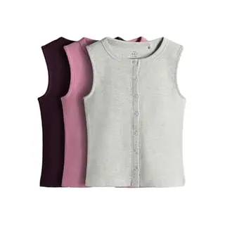THE SET Mädchen Ärmelloses Rippenstrick-Trägertop aus Jersey mit Knopfleiste, 3er-Set Pink/Purple/White