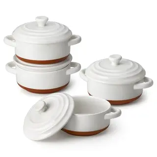 MALACASA Mini Cocotte Set, 4 Stück, 440 ml, Steingut, cremeweiß, für Lasagne und Desserts