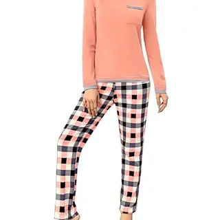 Marvmys Damen Schlafanzug Langarm Winter Baumwolle Set mit karierter Hose und Brusttasche in Rosa