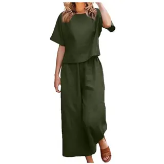 EMATOP Damen Leinen Outfit - Leichte Baumwollbluse und lange Hosen, eleganter Freizeitanzug