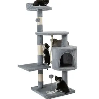 lionto Kratzbaum für Katzen, 112 cm hoch, mit Plüschbällen, Spielseil, Liegefläche & Höhle, hellgrau