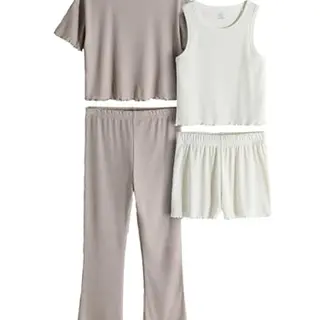 THE SET Mädchen 4-teiliges Nachtwäsche-Set mit T-Shirt, Shorts, Leggings und Trägertop, Brown/Cream Nummer 116