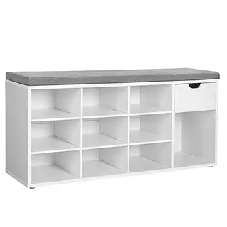VASAGLE Schuhbank mit Sitz, Schublade und offenen Fächern – weiß-grau, 30x104x48 cm