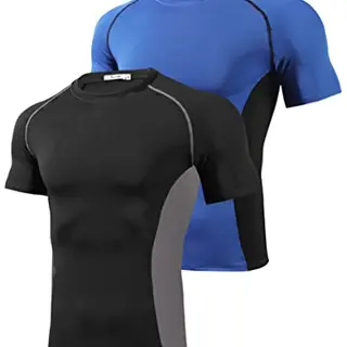 Wayleb Kompressions-Shirt für Herren, Kurzarm, atmungsaktiv, schnelltrocknend, Slim Fit, Blau/Schwarz, XL