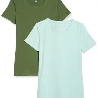 Amazon Essentials Damen T-Shirt mit kurzen Ärmeln und Rundhalsausschnitt, 2er-Pack, Armeegrün/Minzgrün, L