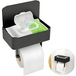 Toilettenpapierhalter mit Feuchttücherbox, selbstklebend oder zu bohren, 304 Edelstahl, schwarz