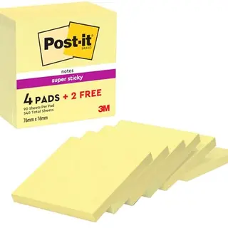 Post-it Super Sticky Notes, Kanariengelb, 6 Blöcke à 90 Blatt, 76 mm x 76 mm - Extra stark klebende Notizen