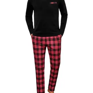 Demegimi Herren Schlafanzug Pyjama Baumwolle V-Ausschnitt Langarmshirt & Karierte Hose Winter Sleepwear
