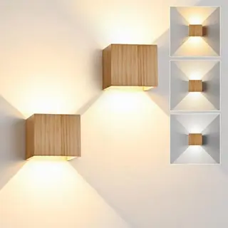 CongShine LED Wandleuchte Innen Holz Vintage, dimmbar, 6W, Weiß, Up/Down, Flurlampe, verstellbarer Abstrahlwinkel, 2 Stück