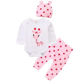Baby Langarm Strampler mit Giraffe + Polka Dot Hosen + Hut (6-12 Monate, Weiß/Pink)