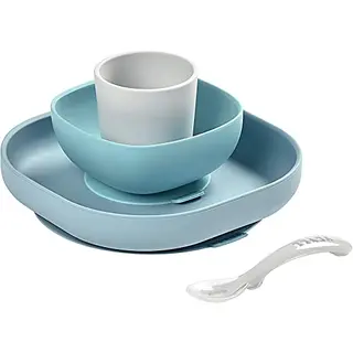 BÉABA Baby-Essensset aus Silikon, 4-teilig, rutschfest mit Teller, Schüssel, Glas und Löffel, spülmaschinenfest, Dschungel