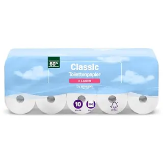 Amazon Classic Toilettenpapier, 3-lagig, 10 Rollen, 200 Blatt pro Rolle