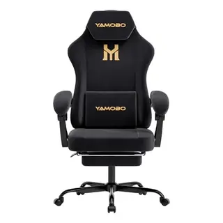 YAMOBO Gaming Stuhl Stoff mit Fußstütze & Massage-Lendenkissen, 150 kg belastbar, Bürostuhl, Schwarz