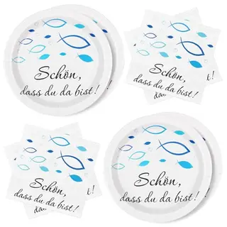 40 Stück Kommunion Deko Servietten & Pappteller Fisch Blau – Tischdeko für Taufe, Kommunion & Konfirmation, Für Jungen mit Spruch