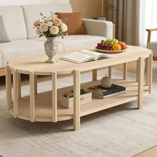 WODHMIEY Ovaler Couchtisch 119×60cm Modern mit 2 Ebenen für Wohnzimmer - Pflegeleicht in Holzoptik