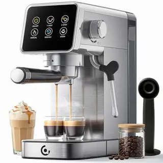 AMZCHEF Siebträgermaschine, 20 bar, Edelstahl, LED-Touchscreen, Milchaufschäumer, Selbstreinigung, 1,2L Tank, Espresso & Milchspezialitäten
