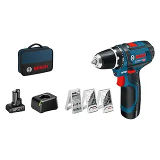 Bosch Professional 12V Akku-Bohrschrauber GSR 12V-15 mit 39-tlg. Zubehör, 2/4 Ah Akkus, Ladegerät, schwarz/blau