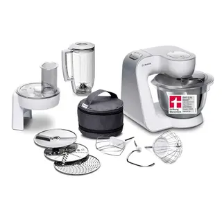 Bosch Küchenmaschine Serie 4, Edelstahl, 1000W, inklusive Mixer und Schneidscheiben, spülmaschinenfest, 3,9L Schüssel, weiß