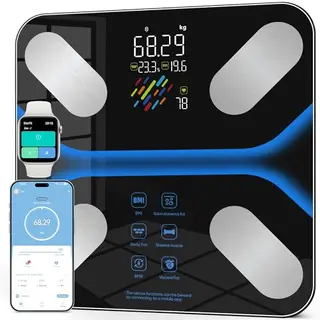Körperfettwaage mit Display, Bluetooth, 22 Werte, 4 Elektroden, BMI & Muskelanalyse, 6 Modi, 180kg/400lbs, 24 Nutzer