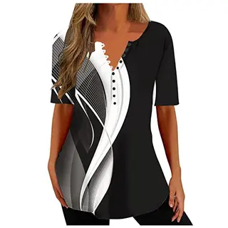 Damen T-Shirt Casual Tie-Dye Sommer Kurzarm Shirt Frau Freizeit Grafikdruck Schwarz XXL