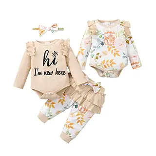 Borlai 4-teiliges Baby Mädchen Outfit Set - Rüschenoberteil mit Blumenhosen und Stirnband (0-18 Monate)